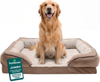 Furhaven Cooling Gel Dog Bed for Large Dogs, Perfect Comfort Sofa Bed with Cool Gel-Top Foam with a Solid Orthopedic Foam Base for Joint Support, Washable Cover, Jumbo XL, Plush & Velvet, Granite Gray11