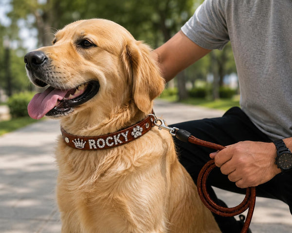 Customized Dog Collar and Leash Set with Name, Rhinestone Letter PU Leather Collar, Adjustable Bling Pet Collar with Crown & Paw Charms for Dogs, Brown5