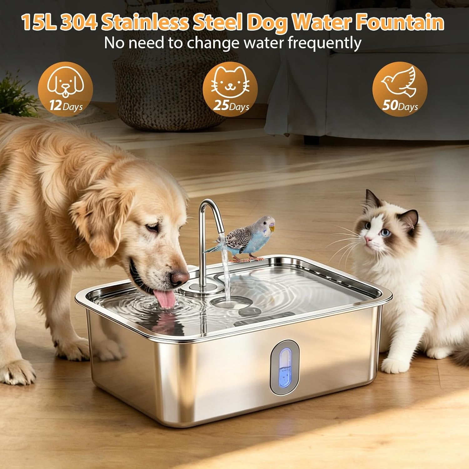 15l-4gal-stainless-steel-dog-water-fountion-pet-fountain-1set-filter-ultra-quiet-extra-large-capacity-5-layer-filtration-system-water-level-window-led-light-visible-faucet-style-spout