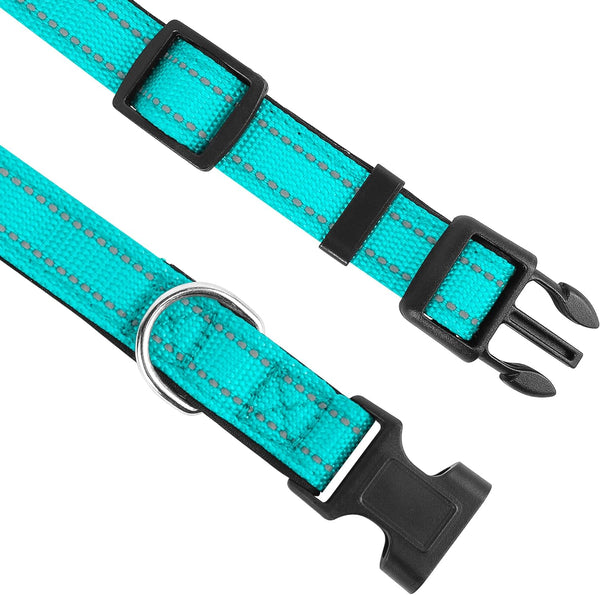 Reflective Dog Collar, Adjustable Soft Neoprene Padded,Teal,M | Breathable Nylon for Medium Dogs,Tear-Resistant Webbing,Chafe‑Free on Walks and Hikes,Metal D-Ring,Night Safety3