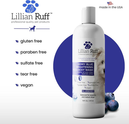 Lillian Ruff PRO Formula Berry Blue Brightening Pet Shampoo - Ultra-Hydrating Professional Whitening Dog Shampoo, Vivid Show-Quality Coat Enhancer, Tear Stain & Odor Eliminator with Provitamin B5 16Oz5