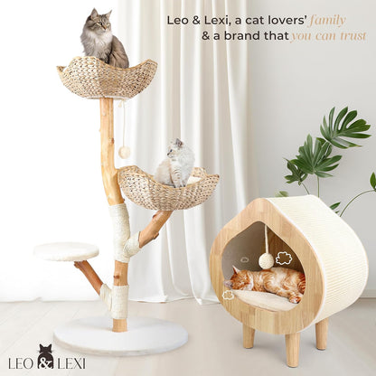 LEO & LEXI Aesthetic, Real Wood Modern Cat Tree. 46 Inches Tall, Sturdy, Solid Natural Wood Tower for Large Cats. Scratching Post with Wicker Basket Bed, Luxury, Boho Furniture for Indoor Cats7