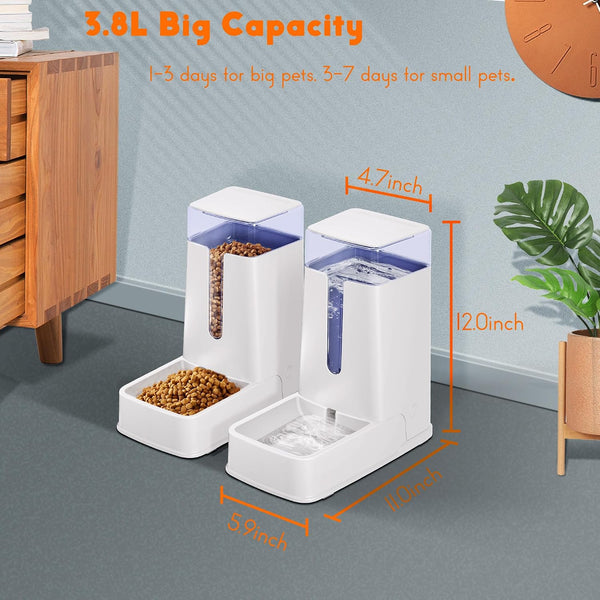 2 Packs Automatic Cat Feeder and Waterer, Gravity Dog Food and Water Dispenser Set for Small Medium Big Pets Cats Dogs Puppy Kitten, 1 Gallon X 2 (White)3