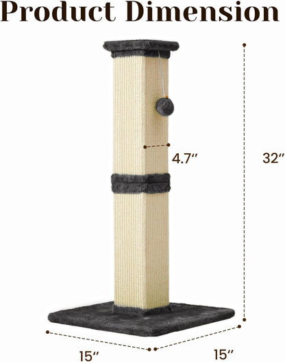 Fansafurn Tall Cat Scratching Post, 32'' Heavy Duty and Thick Scratching Post, Scratching Post for Adult Cats, Thick Sisal Rope with Hanging Ball, Grey7