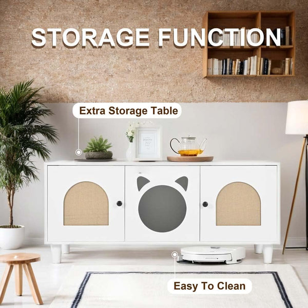 Anwick Cat Litter Box Enclosure Cabinet Furniture | Modern 2-In-1 Wooden Cat House Cabinet with Storage Hook and Scratch Board,White2