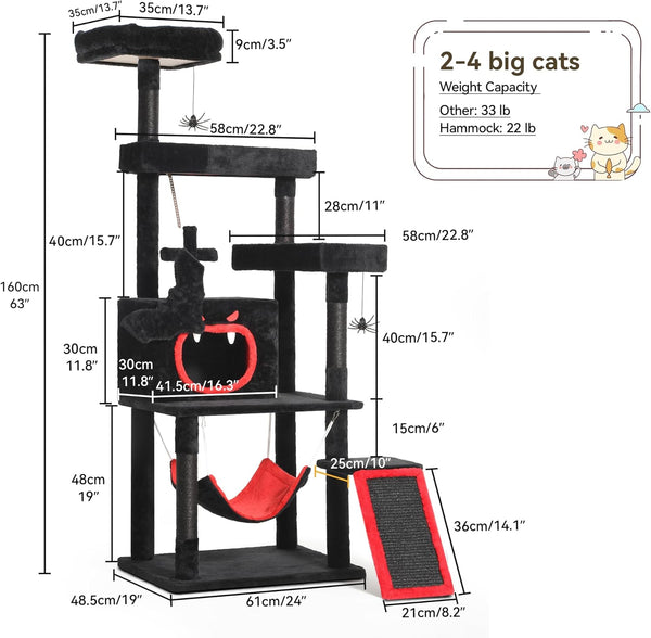 YITAHOME Gothic Cat Tree with Coffin Bed, 63" Tall Cat Tower for Indoor Cats with Top Perch, Spacious Cat Condos, Spider Hanging Balls,Comfy Hammock, Scratching Post and Ladder, Black Halloween | Cat Tower with Top Perch, Spacious Cat Condos, Spider Hanging Balls, Comfy Hammock, Scratching Post and Ladder5