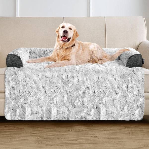 Calming Large Dog Bed for Couch, 41 X 37 Inch Removable Couch Cover for Dogs Washable, Non-Slip Fluffy Plush Dog Sofa Mat for Furniture Protector - Grey19