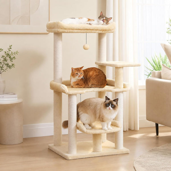 43.3" Cat Tree for Indoor Cats Large Adult, Multi-Level Cat Tower | Cat Tree Tower with Spacious Top Perch, Large Cat Bed, Scratching Posts and Pompom Balls for Fun1