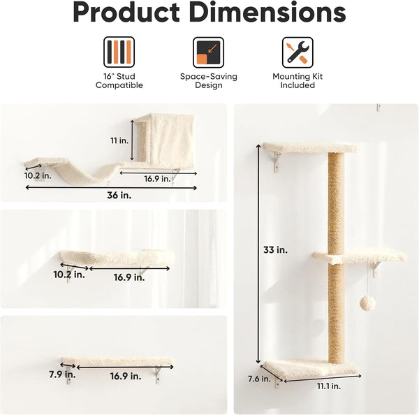 FUKUMARU Cat Wall Shelves, 4 in 1 Set, Beige | Stable & Safe Cat Walls Furniture, Wooden Kitten Climbing Wall with Scratching Post for 16 Inch Drywall5