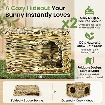 WUWEOT 2 Pack Large Grass Bunny House, Foldable Rabbit Hut, Play Hideaway Bed Hay Mat Chew Toy for Rabbit, Guinea Pigs, Gerbils, Hamster and Small Animals, 11"X8"X8"2