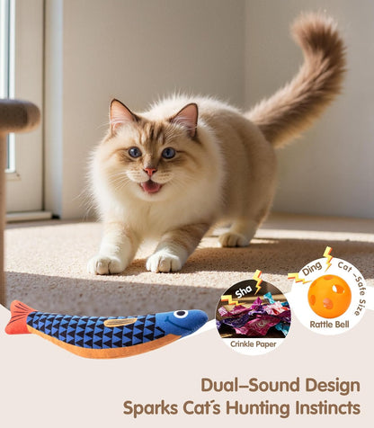 Petbusy Cat Toys With[5000Mg A+Natural Catnip &Silvervine] [Baby Grade] Interactive Soft Chew Kicker Cat Toys for Indoor Cats & Kittens, [Crinkle &Bell] Fish Sound Toy, Drives Bored Cat Crazy with Fun4