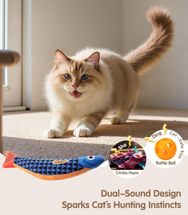 Petbusy Cat Toys With[5000Mg A+Natural Catnip &Silvervine] [Baby Grade] Interactive Soft Chew Kicker Cat Toys for Indoor Cats & Kittens, [Crinkle &Bell] Fish Sound Toy, Drives Bored Cat Crazy with Fun4
