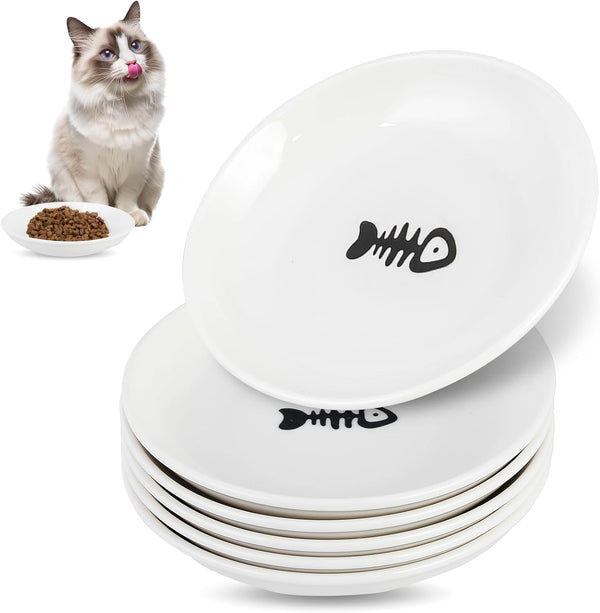 6 Pack Cat Food Bowl, Ceramic Cat Bowls, anti Whisker Fatigue Cats Bowl Set | 5.5 Inches Shallow Wide Kitten Plates for Food and Water (White-A)12