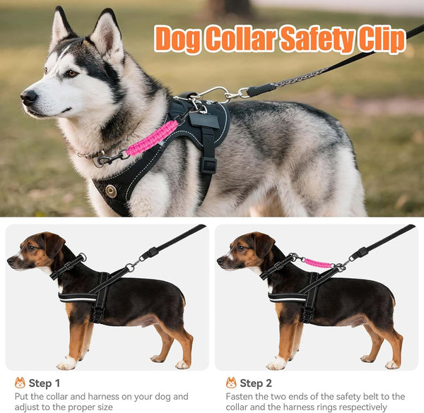 Dog Collar Safety Clip, Collar Companion, Handmade Backup Safety Strap, Double-Ended Clip Leash Connector, Suitable for Dog Harnesses, Prong, Pinch Collars (Pink, 1 Pack)2
