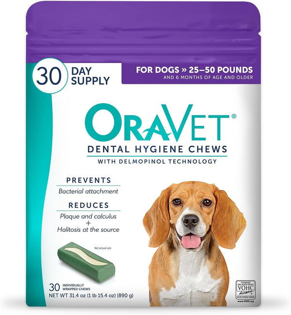 ORAVET Dental Chews for Dogs, Oral Care and Hygiene Chews (Medium Dogs, 25-50 Lbs.) Purple Pouch, 30 Count | Vohc-Accepted Dual-Action Chew Reduces Plaque & Tartar, Freshens Breath Barrier Vet-Recommended Purple Pack10