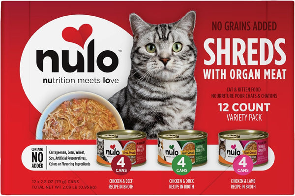Nulo Real Shreds with Organ Meat Wet Canned Cat Food, Variety Flavors, 2.8 Ounce, 12 Cans1