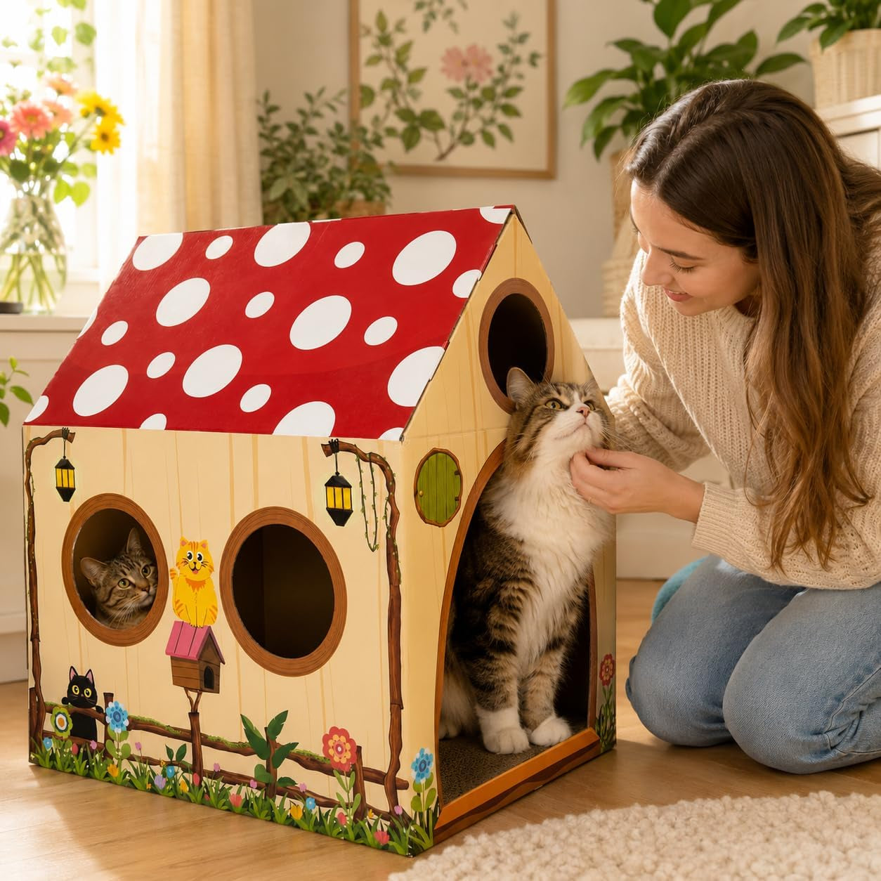 cinrobiye-cardboard-cat-house-with-scratcher-indoor-cat-condo-cat-cave-hideout-with-scratch-pad-cardboard-cat-playhouse-bed-for-cats-kittens-rabbits-small-pets-mushroom