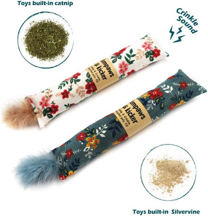 Jumpaws 2 Pack Natural Interactive Catnip & Silvervine Cat Kicker with Feathers, Bite Resistant Chew Toy, Crinkle Kicker, Accessories for Indoor Cat, Premium Corduroy Floral4