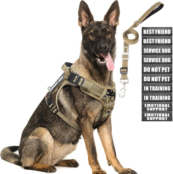 Tactical Dog Harness and Leash Set with 10 Patches for Large Dogs | Heavy Duty No Pull Service Animal Dog Vest with Dog Seat Belt ,Adjustable Reflective Easy Walk for Training Hiking Camo L1