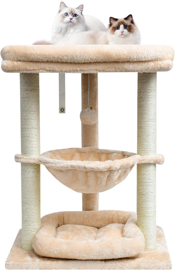 SYANDLVY Leopard Print Small Cat Tree with Top Perch, Hammock & Bottom Bed | 3 Level, Natural Sisal Scratching Post Tower with Hanging Bell Ball and Anti-Tip Strap, Stable Indoor Cat Furniture10