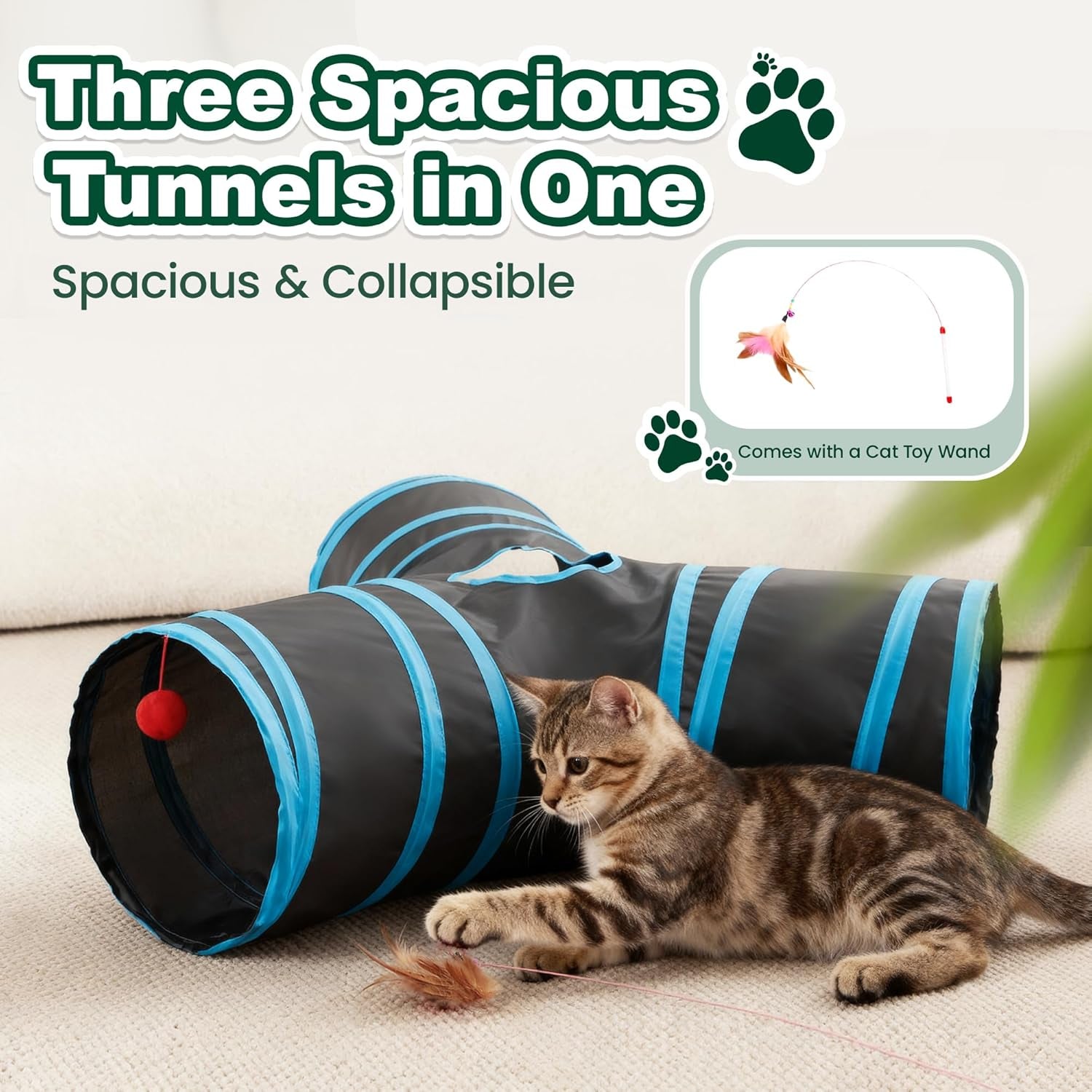 love-s-cabin-cat-tunnel-for-indoor-cats-3-way-collapsible-play-tunnel-with-teaser-wand-peek-holes-toy-ball-small-pet-toy-for-kittens-rabbits-black-blue-small-size
