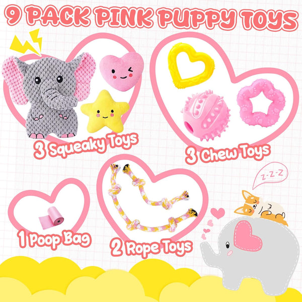 XIUGOAL Pink Puppy Toys - 9 Pack Puppy Chew Toys for Teething, Enrichment Dog Toys for Small Dogs to Keep Them Busy, Squeaky Plush Toy for Boredom2