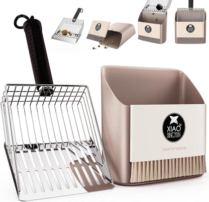 Cat Litter Scooper with Holder, Metal Litter Scoop Includes Portable Small Broom and Dustpan Set, Heavy Duty Stainless Steel Litter Scoop with Coarse and Fine Grid, Quick Sift and Easy Clean1