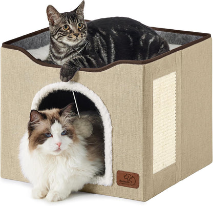 Bedsure Cat House Bed for Indoor Cats with Fluffy Ball and Scratch Pad,Grey | 16.5X16.5X13 In,Large Cat Cave for Multiple Pets,Foldable Cat Hideway Cube for Sleeping Kitten19