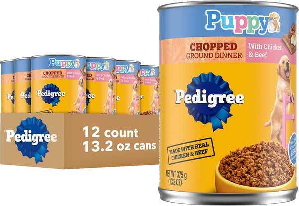 Pedigree Puppy Chopped Wet Dog Food, Chicken & Beef, 13.2 Oz, 12 Count | 100% Complete & Balanced for Puppies, DHA for Brain Development, Rich in Calcium for Teeth & Bones, Chicken & Beef1