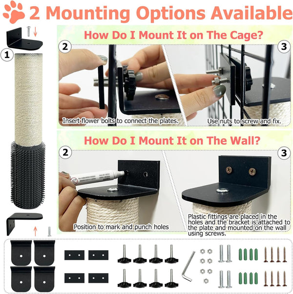 Cat Scratching Post Wall Mounted 2 Pack Cage Mount Cat Scratcher 2-In-1 Natural Sisal Kitty Scratch Posts with Self Groomer Massager for Scratch and Climbing 15.7X2.7In (White)6