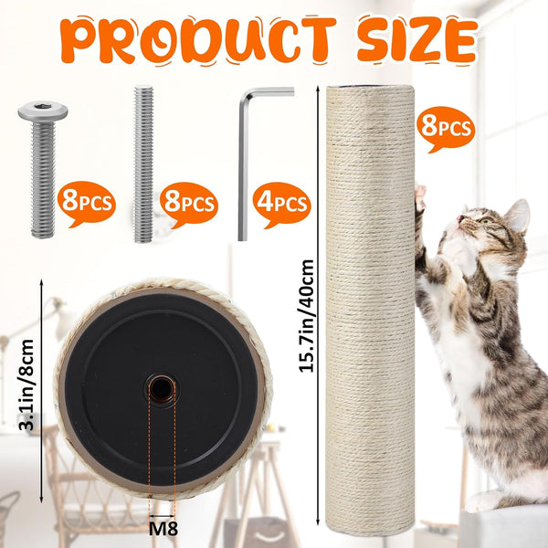 Arrowbash 8 Pcs M8 Cat Scratching Post Replacement 15.7X3.1'' Sisal Pole Cat Tree Climbing Post Replacement with Screw, Refill Scratcher Pole for Indoor Kitten Tree Tower Spare Pet Furniture Protector2