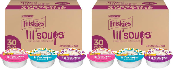Friskies Purina Grain Free Wet Cat Food Lickable Cat Treats Variety Pack, Lil' Soups with Salmon, Tuna or Shrimp - (Pack of 30) 1.2 Oz. Cups11