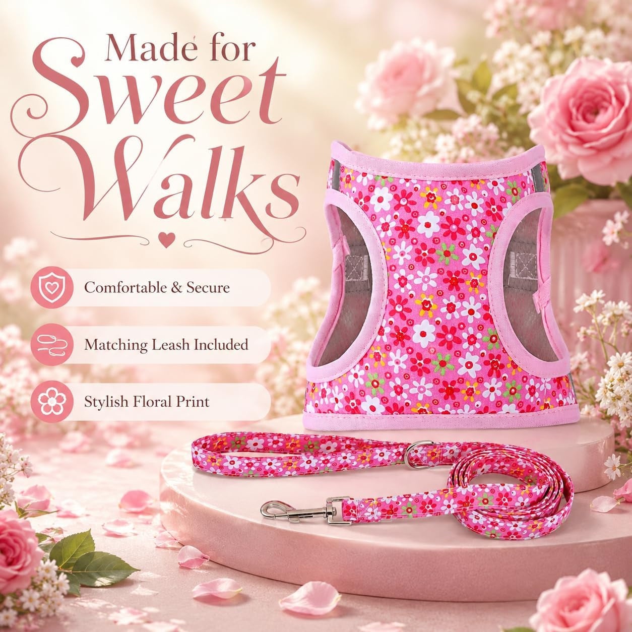 step-in-dog-harness-leash-set-all-weather-reflective-no-pull-floral-pattern-padded-mesh-vest-harness-for-cats-puppy-extra-small-small-medium-large-dogs-pink-flower-s