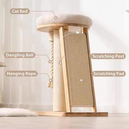 Modern Cat Tree Small Tower with Scratching Post for Indoor, 28 Inch Solid Wood Multifunctional Corner Cat Tree Tower with Bed, Dangling Ball,Interactive Rope, Scratching Board5