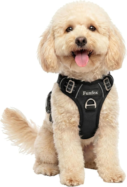 Funfox Dog Harness Medium Sized Dog, Vertical Handle Easy Control, No Pull Pet Vest Adjustable with 2 Leash Clips, Soft Material, Reflective Safe Night Walking for Small Medium Large Breed, Black, M14