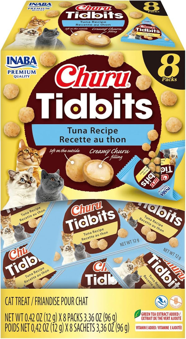 INABA Churu Tidbits Chewy Cat Treats, Tuna Salmon, 8Ct | Immune Support, Antioxidant Support, 70% Moisture, Training Treat, Dual Texture, 8 X 0.42 Oz Packs8