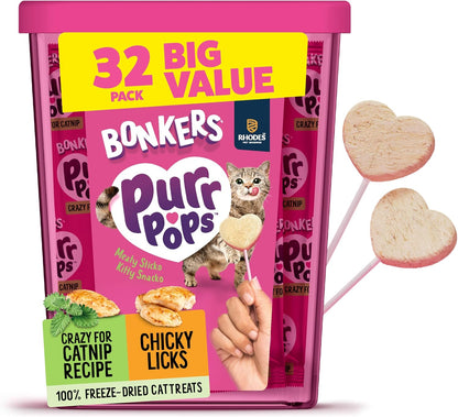 Bonkers Purrpops Freeze Dried Chicken & Catnip Flavor Lollipop Cat Treats, Healthy Single Ingredient Treats, Training Treats or Food Topper, for All Breeds and Ages, Value Pack (32 Pieces)1