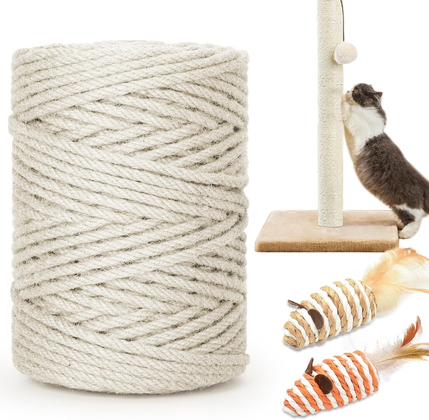 328ft-1-4-inch-cat-scratching-sisal-rope-for-cat-trees-posts-thick-white-jute-rope-with-2-cat-mouse-toys-for-scratch-posts-cat-towers-diy-projects