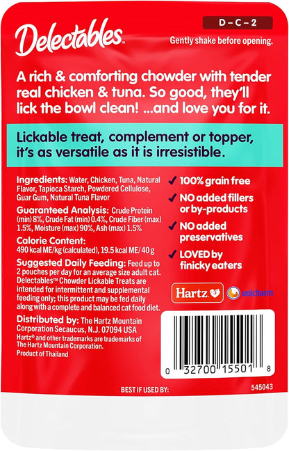 Delectables Lickable Treat Chowder Wet Cat Treat with Real Tuna & Chicken, Food Topper, Hydrating, Grain-Free, No Fillers, By-Products, Added Preservatives, 1.4Oz Pouch, 12Ct7