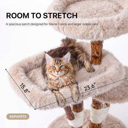 Sopapets Maine Coon Cat Tree for Large Cats, Solid Wood Cat Tower with Removable Cushions and Sisal Scratching Posts, Modern Boho Aesthetic Cat Furniture2