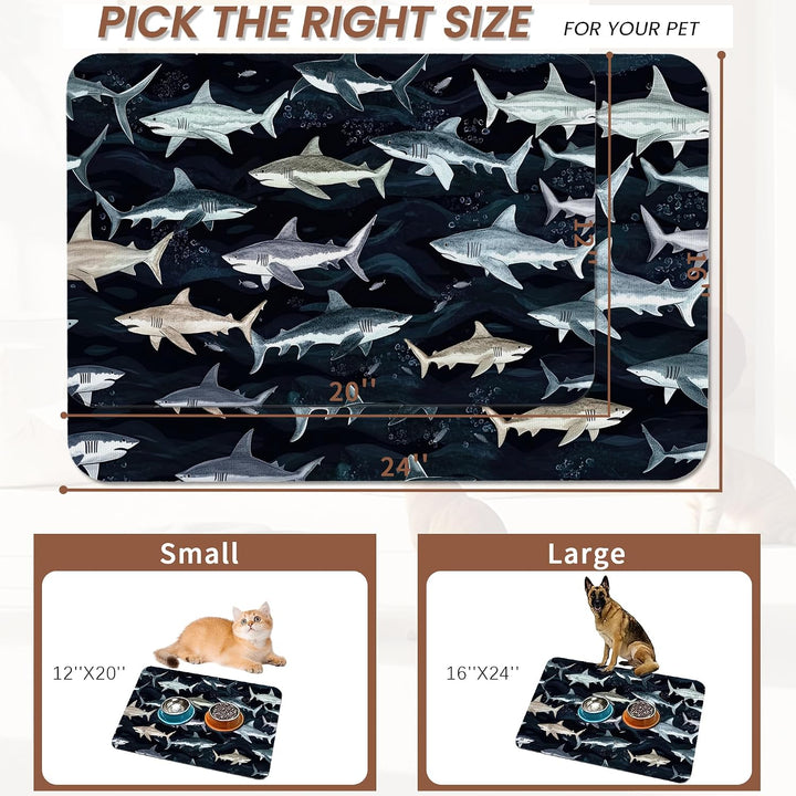 Cute Shark Dog Cat Food Mat,Absorbent Pet Feeding Mat with Rubber Backing,Non-Slip Water Bowl Placemat,Indoor Pet Accessories Supplies 12"X20"+2
