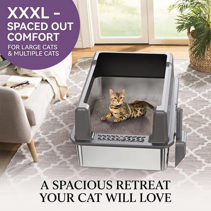 XXL Stainless Steel Cat Litter Box with Lid, 26X18X12 Inches | 12-Inch High Sides, for Big and Multiple Cats, Anti-Urine Leakage, Durable Metal3