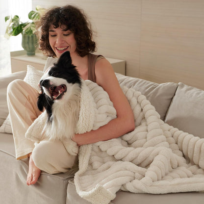 Bedsure Comfyfleece™ Waterproof Dog Blankets for Large Dogs,50X60 Cream | Soft Plush Couch Cover,Washable Corduroy Fleece for Furniture Protector,Cozy Calming Reversible Pet Blanket for Senior Dogs2