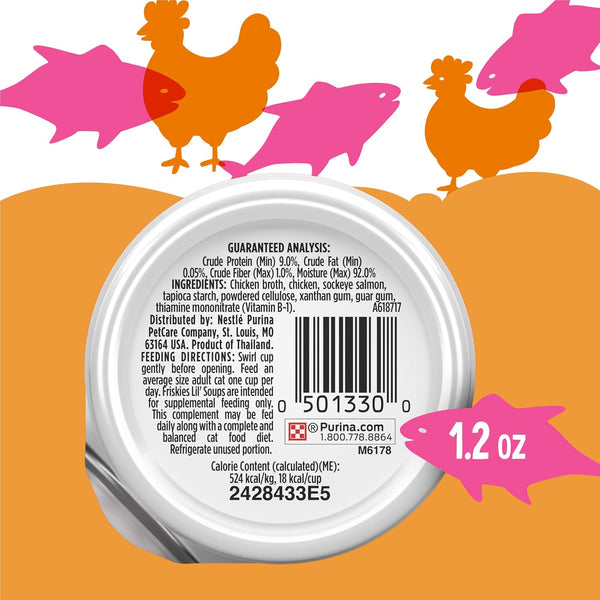 Purina Friskies Grain Free Lickable Cat Food Toppers Lil’ Soups with Sockeye Salmon in Chicken Broth - (Pack of 8) 1.2 Oz. Cups10