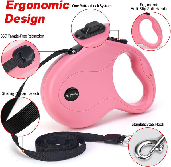 Enrgticdg 16Ft Retractable Dog Leash,Light Weight Leash for Small to Medium Dogs/Cats up to 50Lbs,Stainless Steel Spring Strong Nylon Tape, Tangle Free, One-Handed Brake.(Pink-Black)4