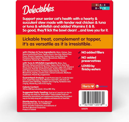 Delectables Lickable Treat Stew Senior 10+ Wet Cat Treat with Real Chicken, Food Topper, Hydrating, Grain-Free, No Fillers, No By-Products, No Added Preservatives, 1.4Oz Pouch, 12Ct8