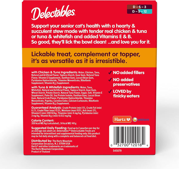Delectables Lickable Treat Stew Senior 10+ Wet Cat Treat with Real Chicken, Food Topper, Hydrating, Grain-Free, No Fillers, No By-Products, No Added Preservatives, 1.4Oz Pouch, 12Ct8