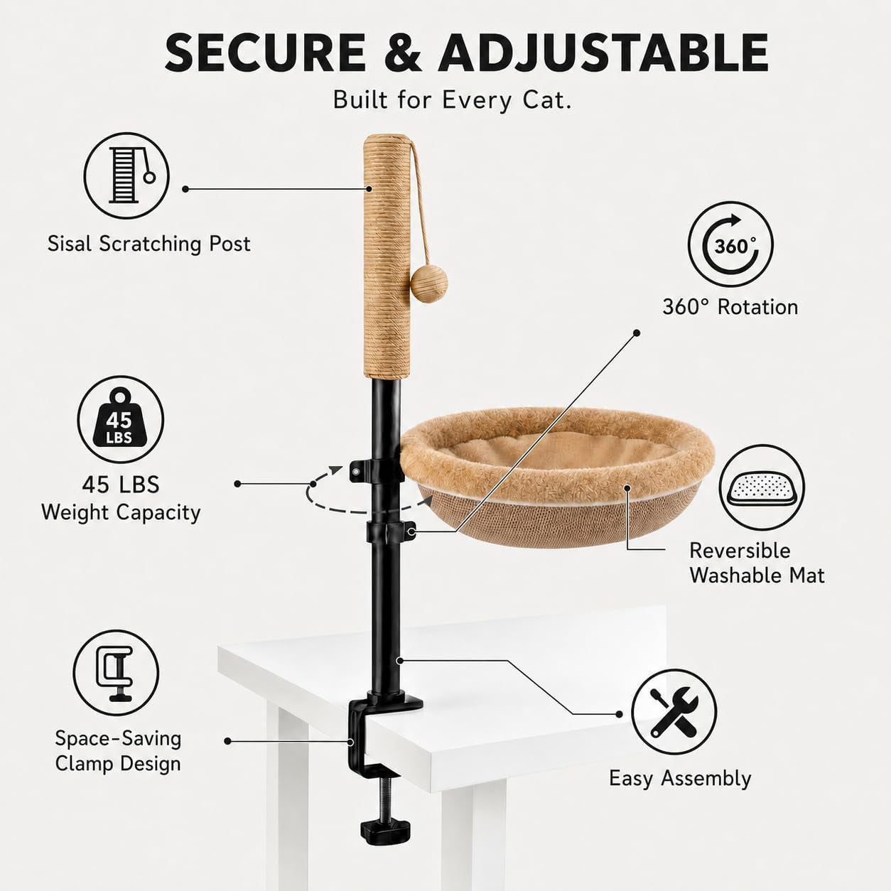 cat-desk-bed-with-scratching-post-clamp-on-360-rotating-camel-adjustable-height-reversible-machine-washable-cover-alloy-steel-frame-space-saving-perch-supports-cats-up-to-45-pounds
