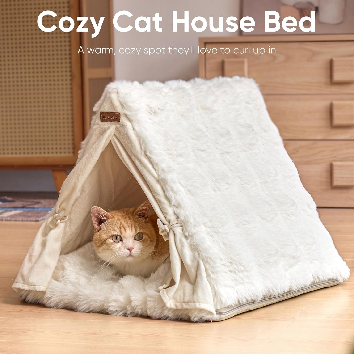 fukumaru-cat-cave-bed-sturdy-frame-washable-cat-tent-bed-with-curtain-semi-enclosed-cat-hideaway-for-anxious-cats-large-cozy-cat-house-for-indoor-cats-soft-plush-covered-dog-bed-cream