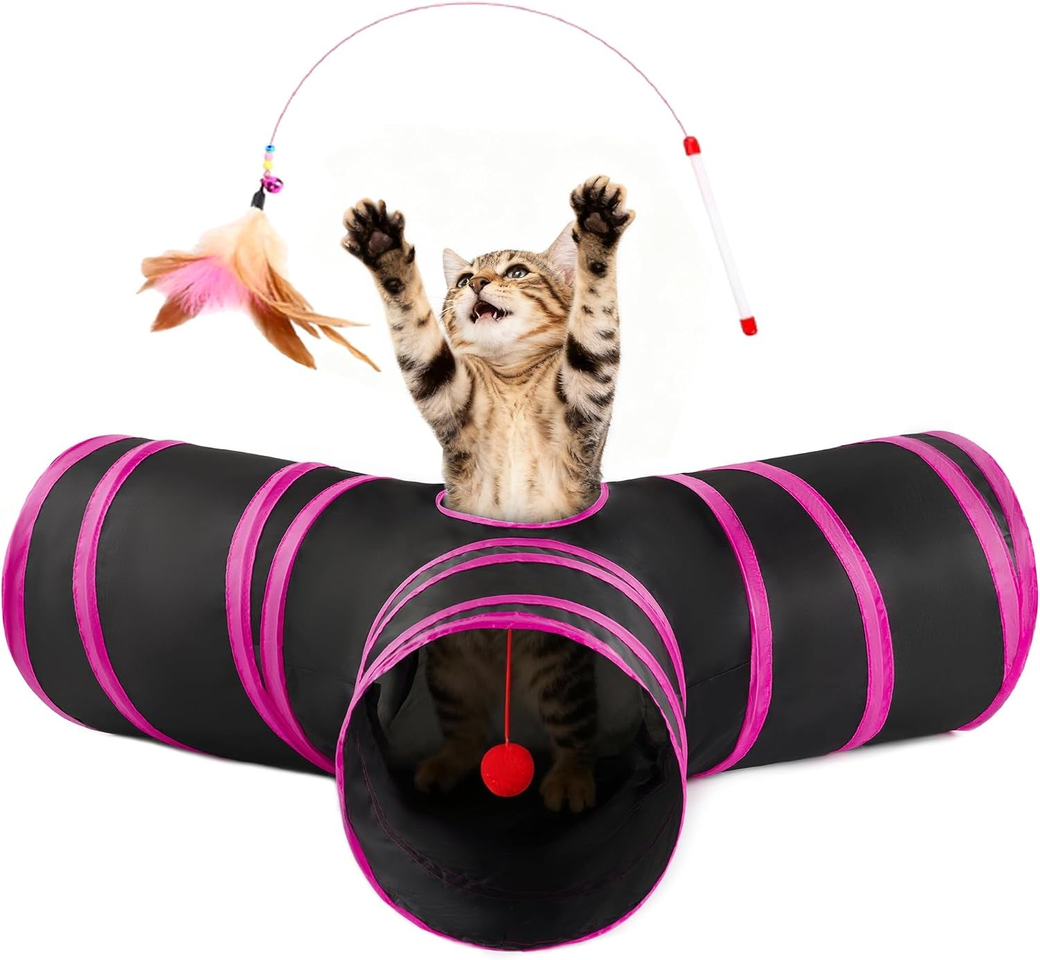 love-s-cabin-cat-tunnel-for-indoor-cats-3-way-collapsible-play-tunnel-with-teaser-wand-peek-holes-toy-ball-small-pet-toy-for-kittens-rabbits-black-blue-small-size